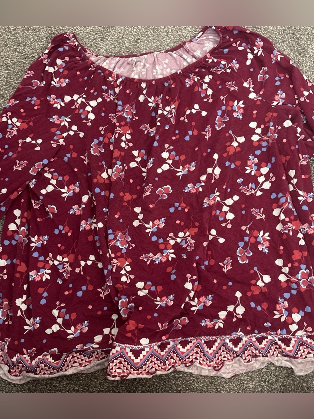 Woman Within Burgundy Floral Peasant Blouse